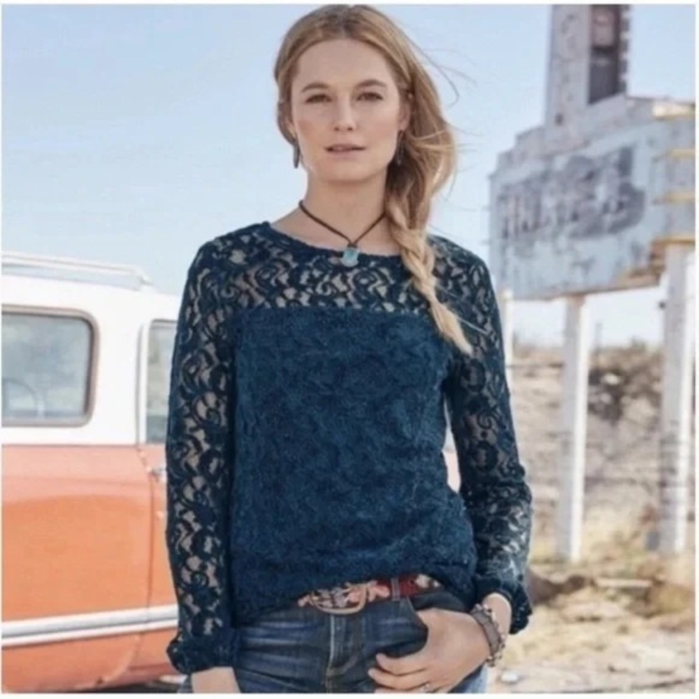 Sundance Remarkable Beauty Lace Overlay top Size XS black long sleeve Boho